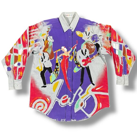 Vintage Kolorway USA Hand Painted Womens Shirt Medium All Over Print Jazz Art - Picture 1 of 7